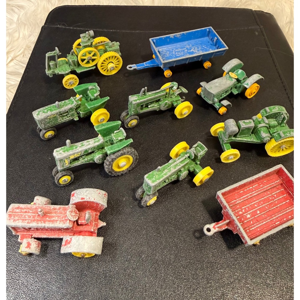 Vintage Diecast Metal Farm Tractor and Trailer Toy Lot 10 Piece Weathered Mixed